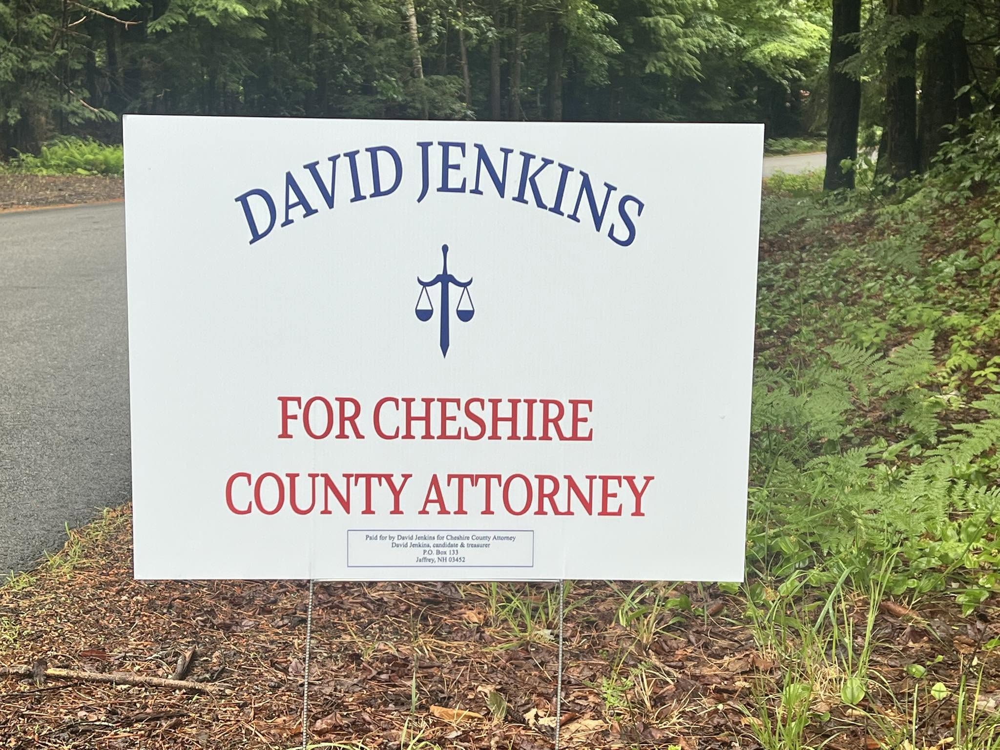 A David Jenkins for Cheshire County Attorney sign in a supporter's yard.
